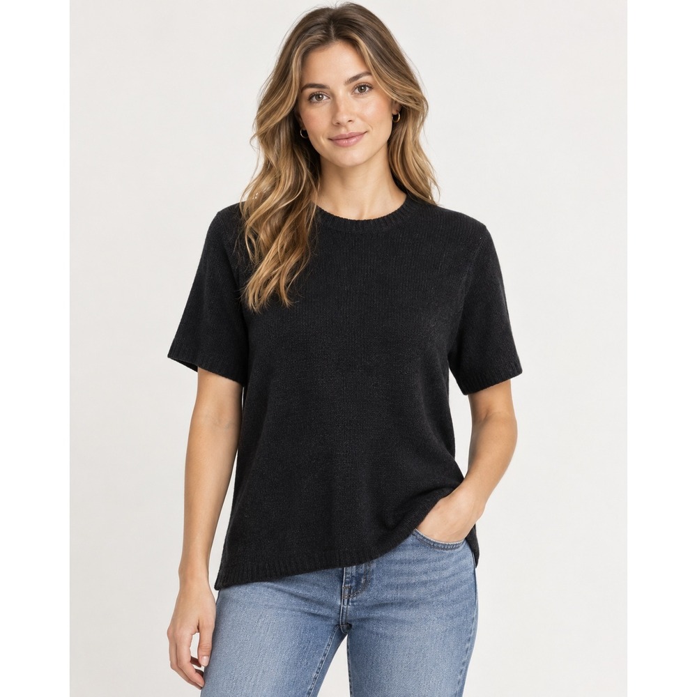 Vintage All Points Sweater Women Medium Black Short Sleeve Silk Blend Knit Top